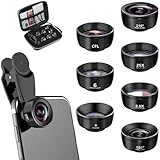 Textiluxe 7 in 1 Handy Objektiv Kit,Fischaugenobjektiv 210° Weitwinkel 120° Makroobjektiv (25x) Sternfilter Telephoto, Kaleidoscope,CPL/Star Filter für iPhone und die meisten Smartphones (dunkel)
