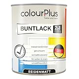 colourPlus 2in1 Buntlack Seidenmatt (750ml Reinweiß/Weiß RAL 9010) – Wetterfeste Holzfarbe Holzlack Küchenmöbellack. Getrocknet auch für Kinderspielzeug. Schnelltrocknend, Für Innen Außen