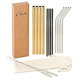Chali® 12x Edelstahl Strohhalme wiederverwendbar, Schwarz Silber ø6mm, Gold ø12mm, Trinkhalme 21,5cm lang spülmaschinengeeignet inkl. 2x Reinigungsbürsten