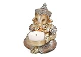 TEMPELWELT® Deko Figur Ganesha mit Teelichthalter 11 cm, Polystein Champagner Gold Silber, Elefantengott Statue sitzend, Hindu Gott Ganesh Elefant, Buddha Indien