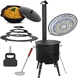 Uchag Ø40 cm Utschak 2mm stahl mit Abzugsrohr 12 L Kazan Grillfächer Schaumkelle Adapter-Ringe Herdplatte Orientalischer Teller ляган Utschag Kasan Feldküche Außenküche Eintopfofen Gulaschkanone