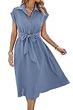 ASOMI Sommerkleid Damen Hemdkleid Kurzarm: Elegant Kurzarm Strandkleid Büro Wickelkleid Mode Tasche Hemdblusenkleid Lässig Blusenkleid Midikleid Knopf Plisseekleid V-Ausschnitt Gürtel A-Blau S