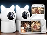 CZEview 5.5' Babyphone mit 2 Kameras und APP, 2K HD, Nachtlicht Ohren, Musik, WLAN Video Babyfon mit Nachtsicht, Bewegungs&Geräusch&Temperaturerkennung (Weiß mit 2 Kameras)