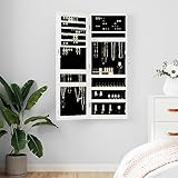 Hoopleep Wandmontierter Schmuckschrank mit Spiegel, Weiß, 37,5x10x106 cm, abschließbar, großzügiger Stauraum für Schmuck und Parfums, ideal für Schlafzimmer und Badezimmer