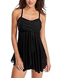 Donppa Damen Badeanzug Bauchweg Tankini Set Badekleid Mesh Neckholder Mit Slip Bademode Push-up Gepolstert NN Schwarz L