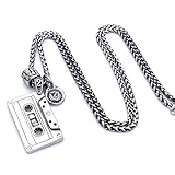 IMINI Retro Kassettenanhänger Halskette für Männer Frauen, 60 cm Edelstahlkette mit Zylinderscheibe Charm, Vintage Punk Hip Hop Street Style Schmuck Geschenk