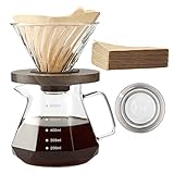 Lalord Pour Over Kaffeebereiter, 600 ml Borosilikat Glaskanne Set mit V60 Papierfilter 80 Blätter, Walnusshenkel, Für Zuhause, Café, Restaurant und Camping, 20 unze, 1 bis 3 Tassen