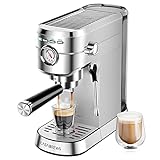 CASABREWS Espresso Siebträgermaschine 20 Bar, Edelstahl-Espressomaschine mit professionellem Milchaufschäumer, Klein Kaffeemaschine Espresso für Cappuccino, Latte & Macchiato, 1L Wassertank, silber