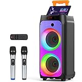 JYX Karaoke Anlage mit 2 drahtlosen Mikrofonen, Großer Lautsprecher Bluetooth mit Rädern und Disco Lichtern, Subwoofer PA System, Party Karaoke Maschine Unterstützung TWS/USB/SD Karte/AUX/Rec