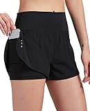 VIGVAN 2 in 1 Laufhose Damen Sport Shorts Sommer Kurze Hose Schnell Trocknend Fitness Shorts Yoga Shorts Gym Jogging Training Sporthose für Damen mit Taschen (BK, M)