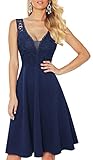 HOMEYEE Damen Vintage V-Ausschnitt Ärmel Blumen Spitze Rockabilly Swing Cocktailkleid A288 (M, Marineblau)