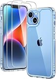 TAURI 3 in 1 für iPhone 14 Hülle 6,1' mit 2 Stück Panzerglas Schutzfolie, Schutz nach Militärstandard, [Anti-Vergilbung] Stoßfest Transparent Handyhülle - Durchsichtig