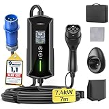 Ladekabel Typ 2 CEE Stecker Mobile Wallbox 7,4kW - 7m|6-32A|1-phasig Tragbare EV Ladegerät Wasserdicht mit Einstellbarer Ladeleistung, Einstellung Startzeit, für Allen EVs(IEC 62196-2) & PHEVS