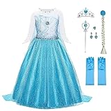 URAQT ELSA Mädchen Prinzessin Kostüm, ELSA Kinder Kleid 6-teiliges Set mit Krone Diadem Handschuhe Zauberstab usw für Weihnachten Verkleidung Karneval Halloween