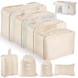 YAMAIDUO Koffer Organizer Set, 9 Stück Packing Cubes, Wasserdichte Packwürfel für Urlaub und Reisen, Reisezubehör, Packtaschen für Koffer mit Schuhbeutel für Kleidung Kosmetika, Beige