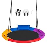 GOPLUS Nestschaukel Outdoor, Ø100cm Kinder Schaukel mit 100-180cm Verstellbarer Höhe & Kissen, Baumschaukel Rundschaukel bis 150 kg Belastbar, für Kinder ab 3, Indoor & Outdoor (Bunt Pro)