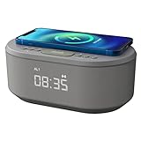 Radiowecker mit USB-Ladegerät, Bluetooth-Lautsprecher, Kabelloses Laden, Alarm Clock Ladestation mit dimmbares LED-Display – Netzbetrieb Digitaler Wecker ohne Ticken (Grau)