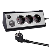 JIMEIDA Mehrfachsteckdose 3-Fach Schwarz Steckdosenleiste mit USB A und Type C(max 5V/3A) Mit LED-Nachtlicht (mit Touch Schalter) Multifunktionale Edelstahlfrontplat Steckdosenleiste, 1.8m