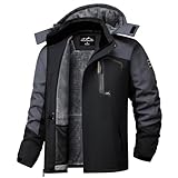 Ougelebo Skijacke Herren Winter Arbeitsjacke Wasserdicht Winterjacke mit Kapuze Softshell Warm Kapuzenjacke Gefütterte Funktionsjacke Snowboard Schwarz-grau L