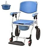 Faltbarer Dusch-Toilettenrollstuhl, Ergonomisch wasserabweisend Toilettenstuhl für Senioren, Blau Dusch Toilettenstuhl Fahrbar mit Urineimer, Bis 150 kg Belastbar