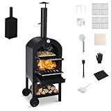 KOMFOTTEU Pizzaofen für den Außenbereich, tragbarer Holzofen aus Eisen, Mini-Ofen 2 Ebenen, Pizza Backofen mit Pizzastein, Pizzawender, Grillrost, wasserdichter Deckel, für Camping Party Grill