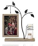 Afuly Holz Bilderrahmen 10x15 cm Doppelseitig Fotorahmen mit Metall Baum und Vase Natur Braun für 2 Fotos