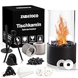 Zabatoco Tischkamin, Tischfeuer mit Weißem und Schwarzem Dekorstein und 2 Brennkammern, Verstellbarer Flamme Bioethanol Tischkamin Indoor & Outdoor, Terrassen Deko Ethanol Kamin