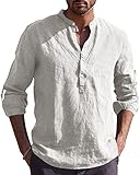 Kvruhuiy Herren Freizeithemd Langarm Baumwoll Leinenhemd Henley Hemd Men's Casual Beach Shirts Weiß XXL