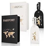 Firtink 4 Stücke Reisepasshülle und Kofferanhänger Set, Passport Holder, Gepäckanhänger mit Adressschild, PU Leather Reisepass Schutzhülle für Kreditkarten, Ausweis und Reisedokumente