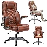 KCREAM Bürostuhl,Schreibtischstuhl Ergonomischer Chefsessel,Bürostühle PU Leder Braun mit Rollen,Drehsessel Büro Bürosessel Office Chair mit Hochklappbarer Armlehne