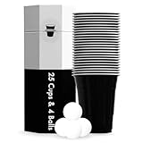 RedCupShop® Partybecher Set | 25 Black Cups & 4 Bälle | Spülmaschinenfest & Wiederverwendbar | 473ml/ 16oz schwarze Becher