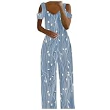 Jumpsuit Damen Lang Sommer O-Ausschnitt Schulterfrei Overall Elegant Blumendruck Hosenanzug Vintage Gerades Bein Romper Bequeme Strampler Baggy Leichte Playsuits