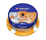 Verbatim DVD-R Wide Inkjet Printable 4.7GB I 25er Pack Spindel I DVD Rohlinge bedruckbar I 16-fache Brenngeschwindigkeit & Hardcoat Scratch Guard I DVD-R Rohlinge printable I DVD leer