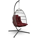 SereneLife Hängesessel mit Gestell – Rattan Hängeschaukel für Kinder & Erwachsene Wetterfest – Schaukel Indoor & Outdoor bis 250kg mit Dicke Kissen – Faltbarer Schaukelsessel für Garten & Schlafzimmer