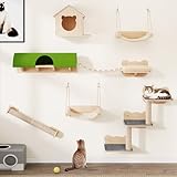 YITAHOME Katzenkletterwand-Set, Stabiler Holz Katzenmöbel, 7-Teilig Katzen Wandelemente mit Katzenhaus, Katzenhängebrücke, Katzentreppe, Hängematte und Kratzbaum zum Schlafen, Spielen und Ausruhen