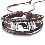 COOLSTEELANDBEYOND Yin-Yang Charme Armband, Braun Leder Drei Stränge, Herren Damen Wickeln Schweissband