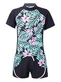 Fldy Mädchen UV Badeanzug 2-Teiliger Kurzarm Oberteil Shorts Kurze Hose Set UPF 50+ Bademode Kinder Schwimmbekleidung Strandmode Sommerlilie-Rosa_A 170-176