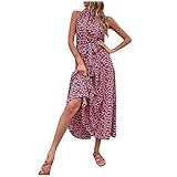 Dhyuen Damen Neckholder-Kleid High Neck Kleider Boho Blumenkleid A Linie Maxikleid Armelloses Schulterfreies Partykleid Lang Balkleid Lässiges Leichte Strandkleider