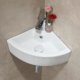 Waschbecken Waschtisch Badezimmer, Eckwaschbecken Keramik, Mini Waschbecken, Waschbecken Klein Gäste WC, Aufsatzwaschbecken Bad 46 x 32 x 12.5 cm, Waschbecken Wandmontage mit Überlauf