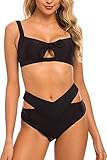 De feuilles Zweiteiliges Bikini-Set für Damen, Schleife, verstellbares Oberteil + dehnbare Hose, Strand-Badebekleidung, Schwarz , M