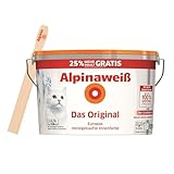 Alpinaweiß Das Original – optimal deckende und ergiebige weiße Wandfarbe – mit Spritz-Schutz-Formel – 12,5 Liter inkl. gratis Rührholz