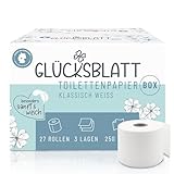 Glücksblatt Toilettenpapier Box, 3-lagig, 27 Rollen x 250 Blatt, 100% Zellstoff, Großpackung, superweiches Klopapier, WC Papier, ideal für Camping, wiederverwendbarer Vorratskarton