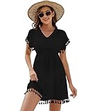 Onfettic Damen Strandkleid Sommer Badeanzug Strandtunika Chiffon Strandponcho Sommerkleider Bikini Cover mit V-Ausschnitt (Schwarz, L)