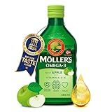 Möller's Omega 3 Lebertran | Nahrungsergänzung mit EPA, DHA, Vit A, D und E | Hochreiner natürlicher | 165 Jahre alte Marke | Superior Taste Award | Apfelgeschmack | 250 ML