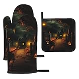 Ofenhandschuhe mit gruseligem Halloween-Druck, 3er-Set, hitzebeständige Ofenhandschuhe, zum Kochen, Backen