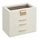 SONGMICS Schmuckkästchen, Schmuckkasten mit 4 Ebenen, Schmuckbox mit Glasdeckel, 3 Schubladen, für Sonnenbrillen, große Schmuckstücke, Schmuckaufbewahrung, modern, wolkenweiß-golden JBC161W01