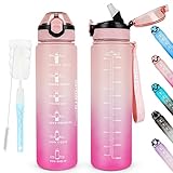 AOHAN Trinkflasche 1L BPA-frei Sport Wasserflaschen mit Stroh, Spülmaschinensichere Verschlussdeckel Auslaufsichere Motivierende Sportflasche mit Zeitmarkierungen für Sport (Rosa Rose)