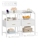 Hzuaneri Nachttisch 2er Set, Beistelltisch mit Steckdose, Nachttische mit 1 Stoffschublade und Offenes Fach, für Schlafzimmer, Wohnzimmer, 30 x 40 x 66 cm Weiß NS30313WEU