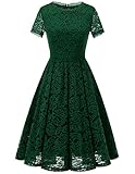 DRESSTELLS Damen Spitzenkleid brautmütter Kleider, Knielang Elegant Brautjungfer Cocktailkleid, Rockabilly Floral Kleid Kurzarm DarkGreen M