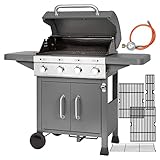 ProfiCook Gasgrill mit 4 Zonen inkl. 2 Hochleistungsbrenner (bis 450°C), Grill mit 3 gusseisernen Grillrosten und Flaschenöffner, Grillwagen m. Ablage u. Gehäuseschrank für 5kg-Gasflasche PC-GG 1257